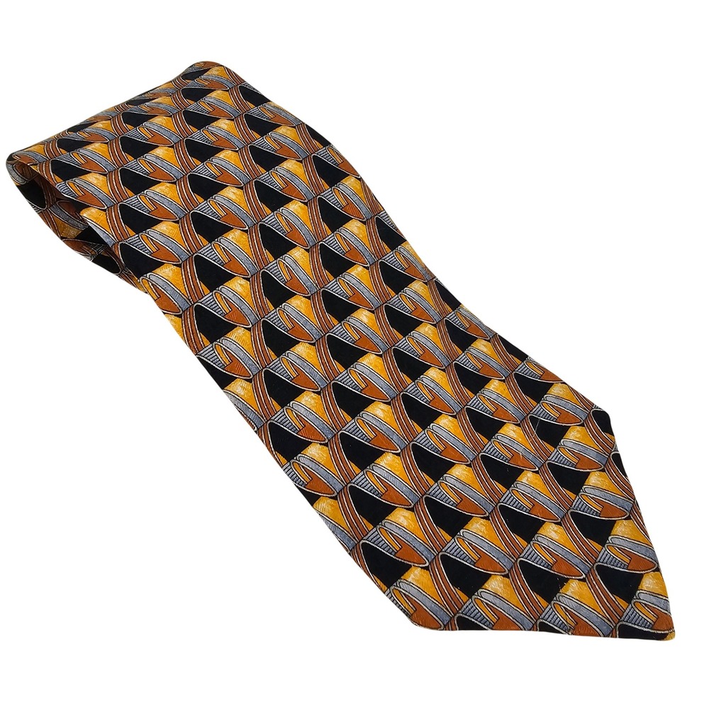 Vintage Ermenegildo Zegna Silk Tie Black Gold Geometric Luxury Designer Italy